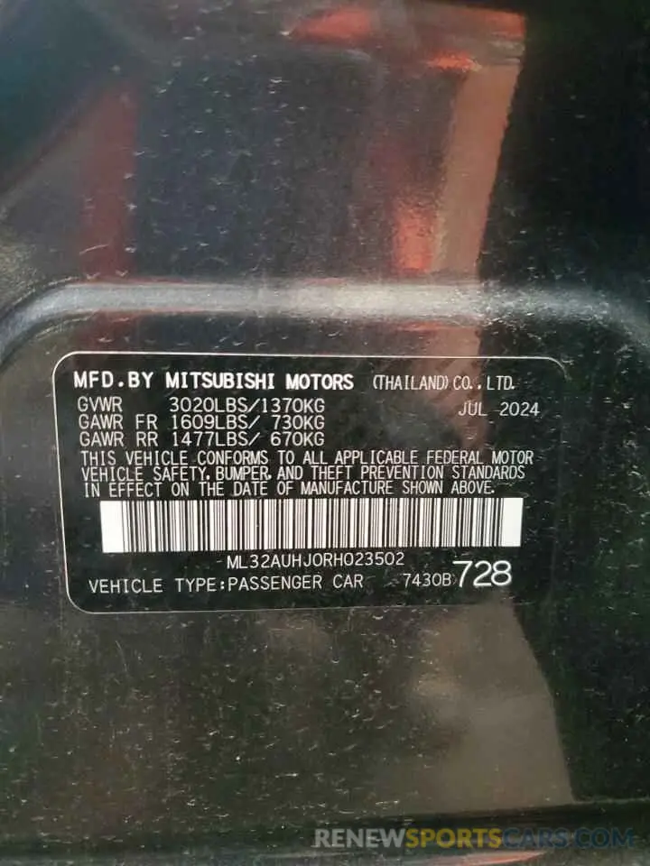 12 Photograph of a damaged car ML32AUHJ0RH023502 MITSUBISHI MIRAGE 2024