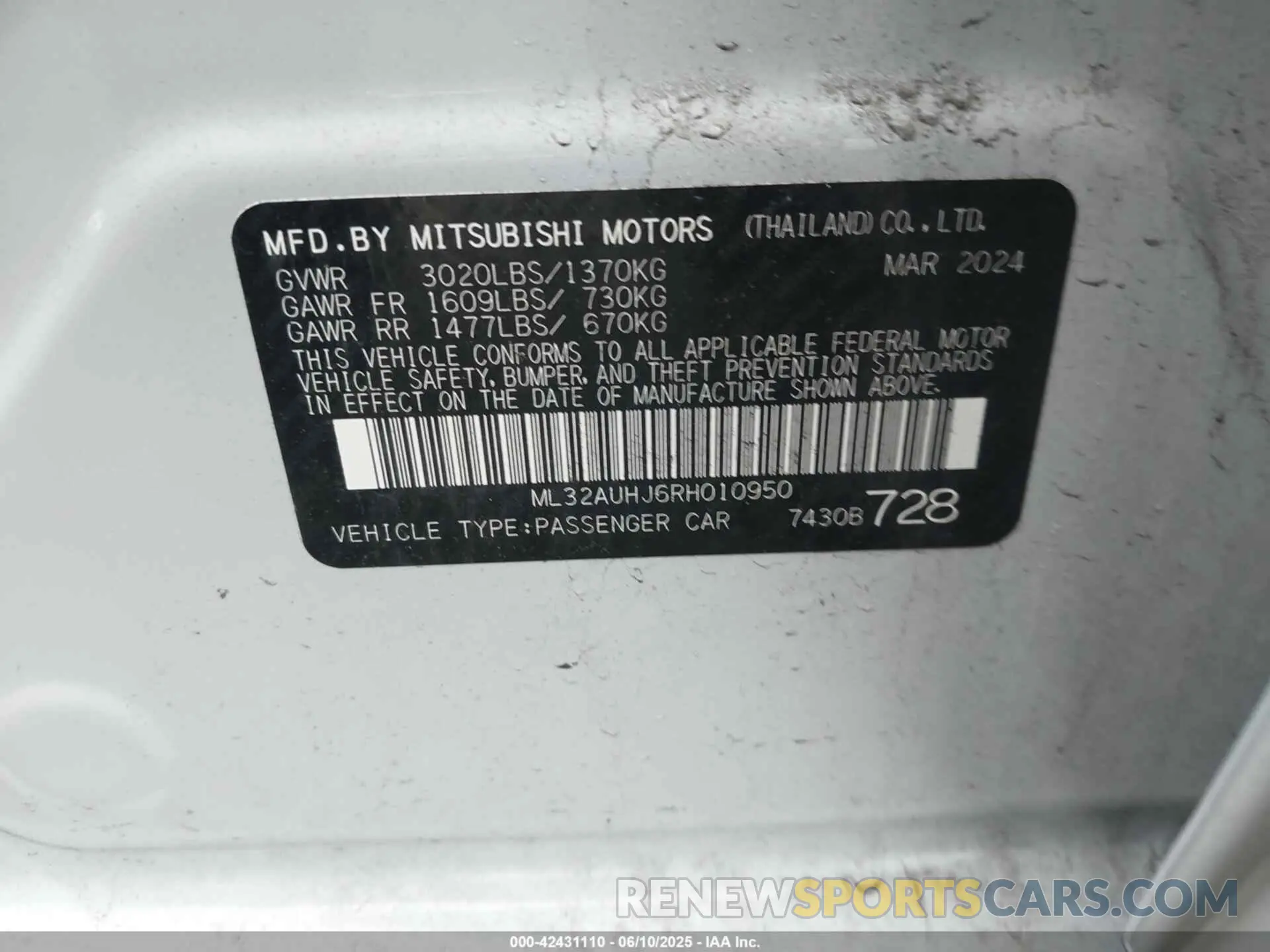 9 Photograph of a damaged car ML32AUHJ6RH010950 MITSUBISHI MIRAGE 2024