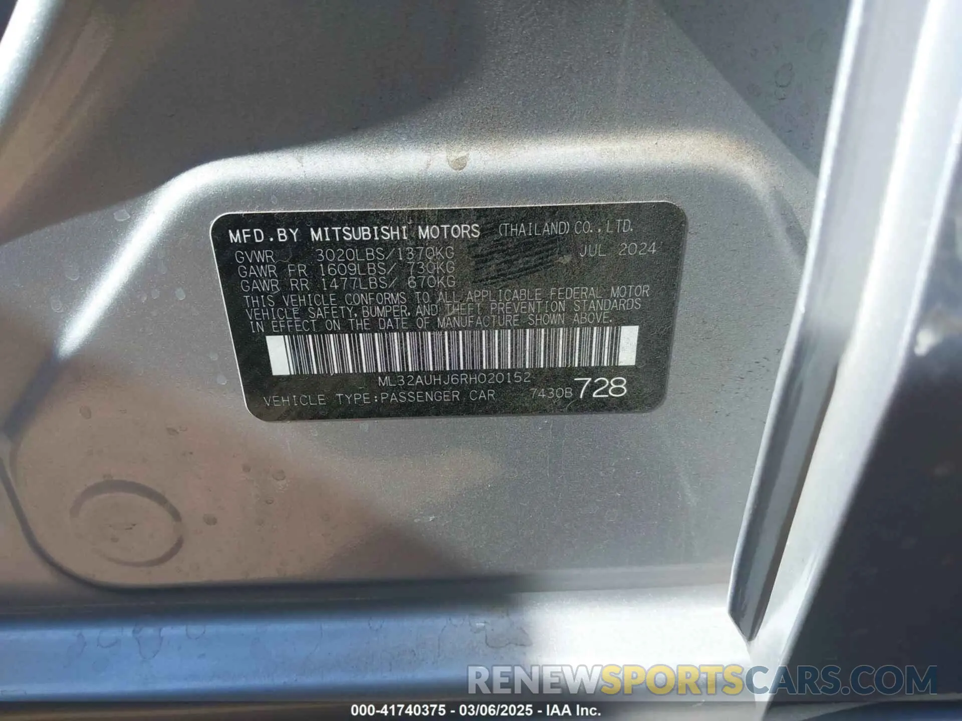 9 Photograph of a damaged car ML32AUHJ6RH020152 MITSUBISHI MIRAGE 2024
