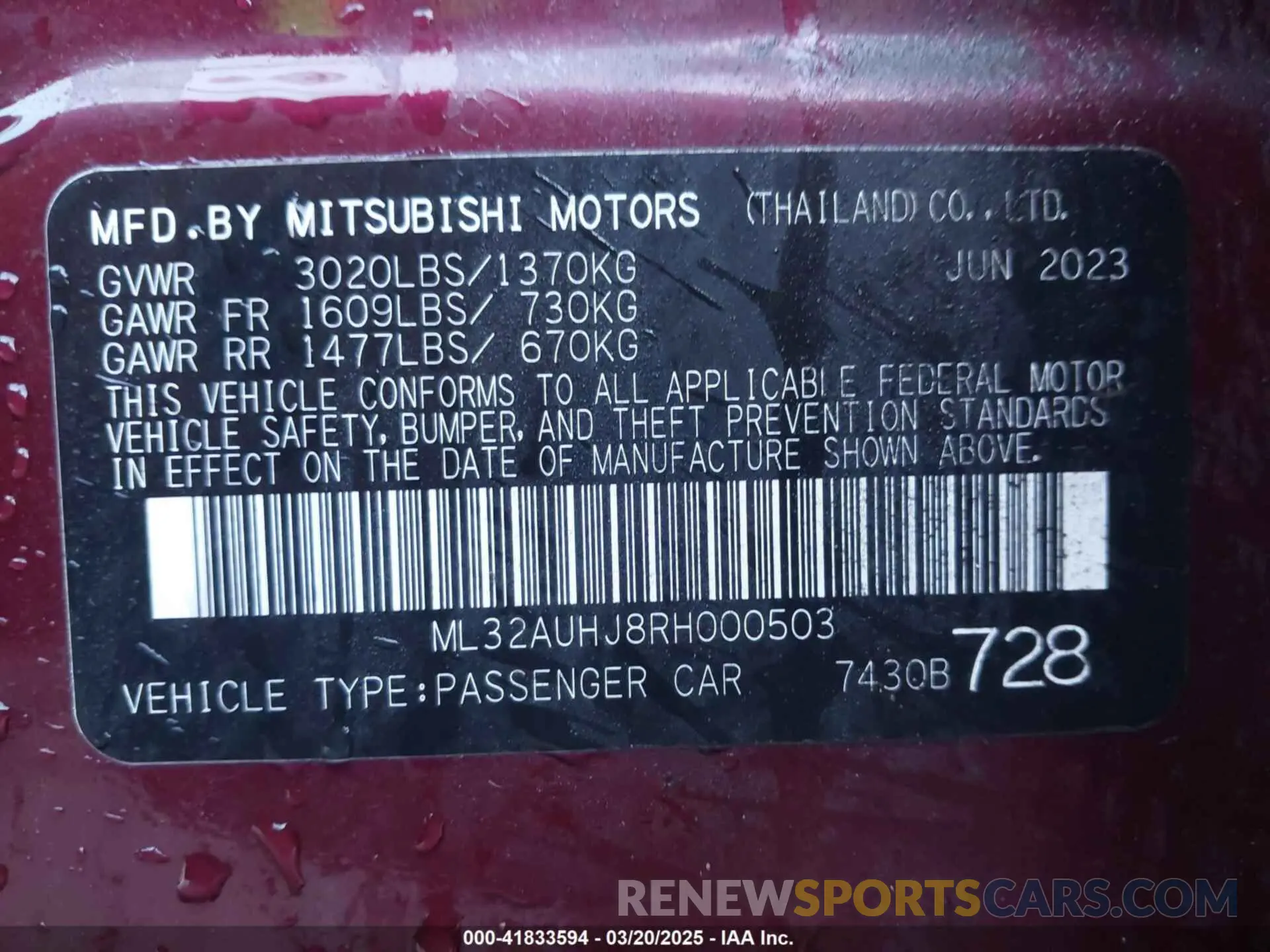 9 Photograph of a damaged car ML32AUHJ8RH000503 MITSUBISHI MIRAGE 2024