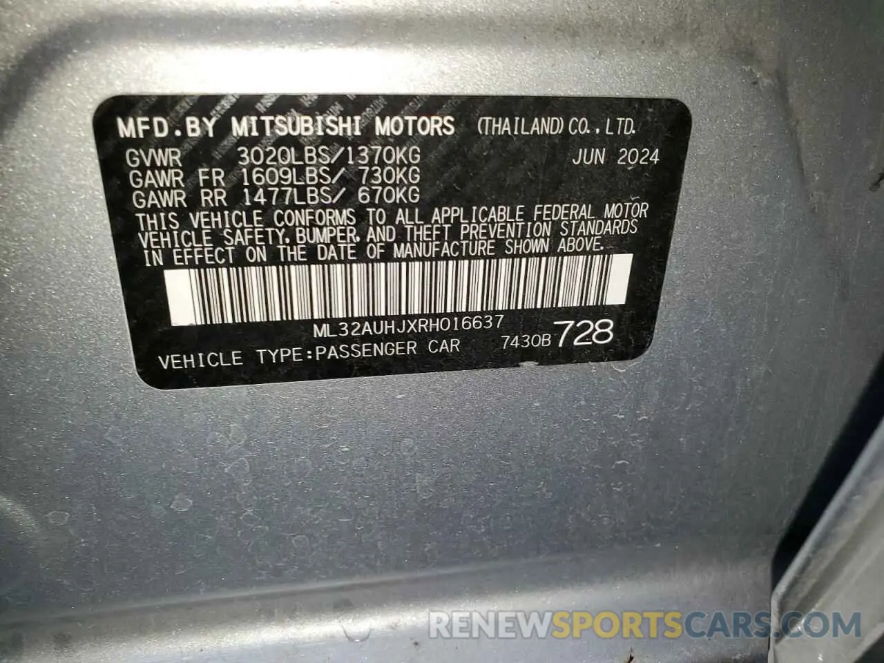 13 Photograph of a damaged car ML32AUHJXRH016637 MITSUBISHI MIRAGE 2024