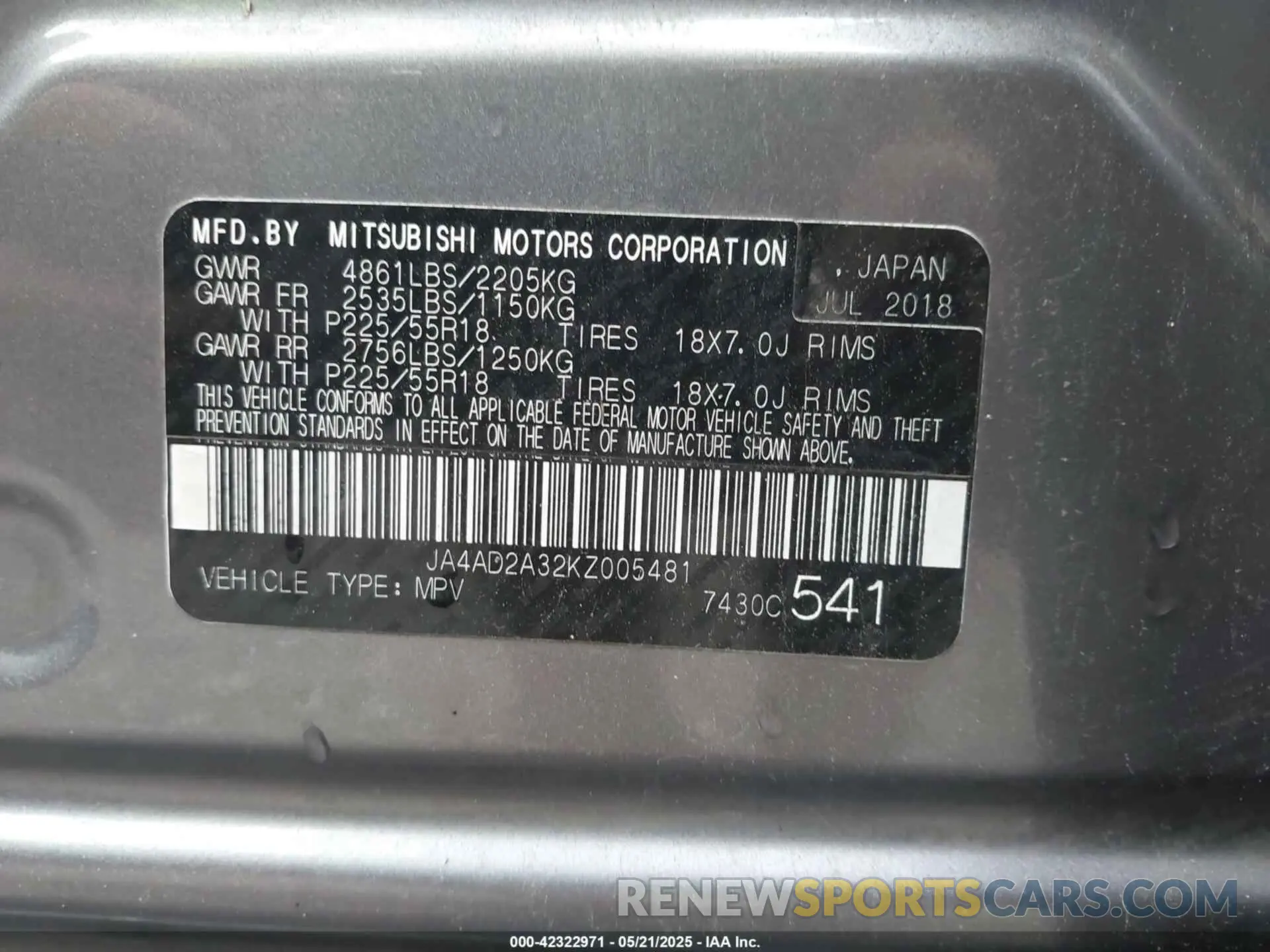 9 Фотография поврежденного автомобиля JA4AD2A32KZ005481 MITSUBISHI OUTLANDER 2019