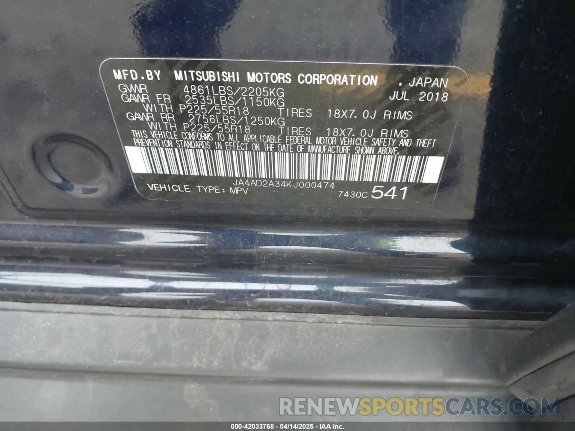 9 Photograph of a damaged car JA4AD2A34KJ000474 MITSUBISHI OUTLANDER 2019