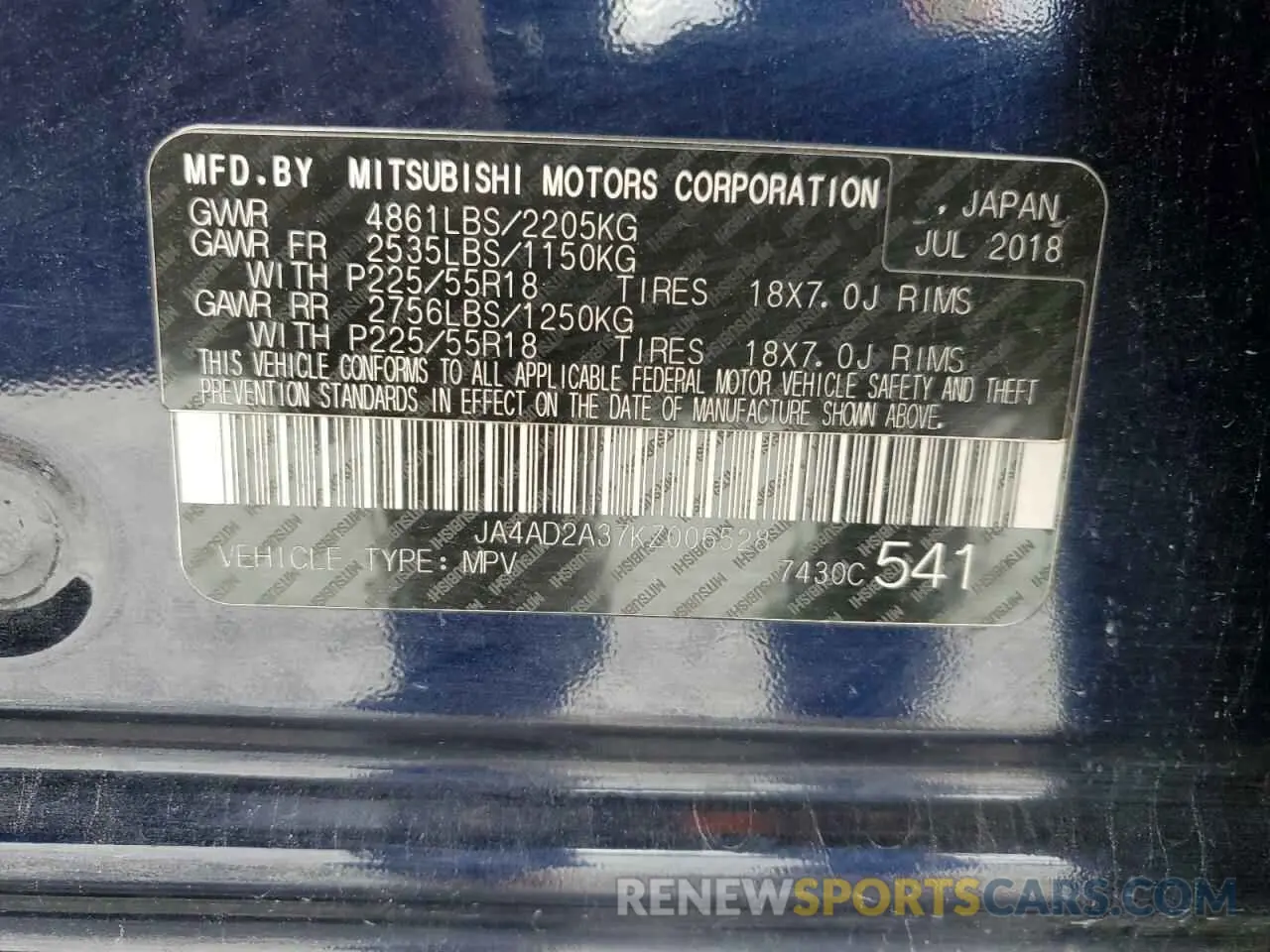 16 Photograph of a damaged car JA4AD2A37KZ006528 MITSUBISHI OUTLANDER 2019