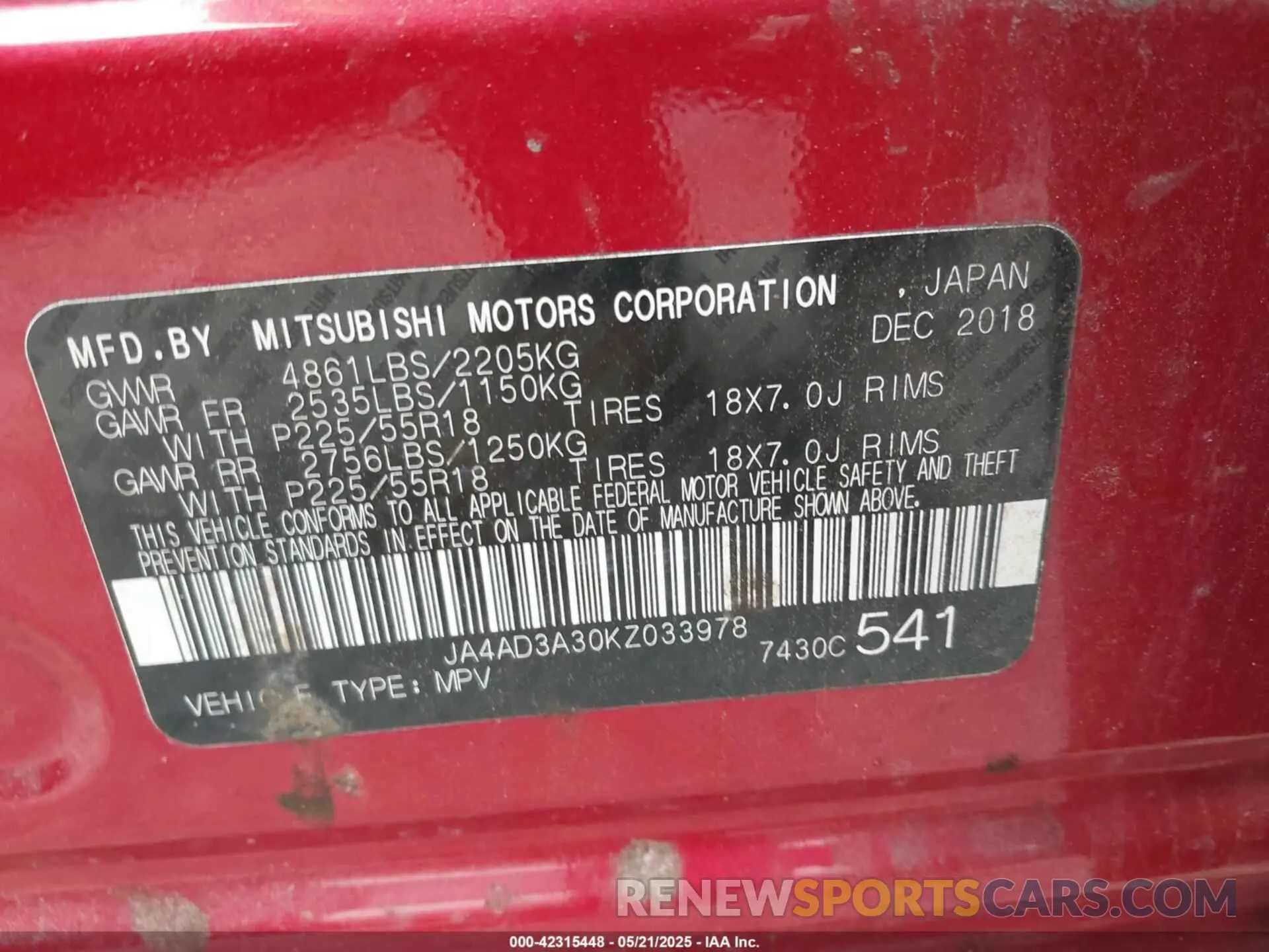 9 Фотография поврежденного автомобиля JA4AD3A30KZ033978 MITSUBISHI OUTLANDER 2019