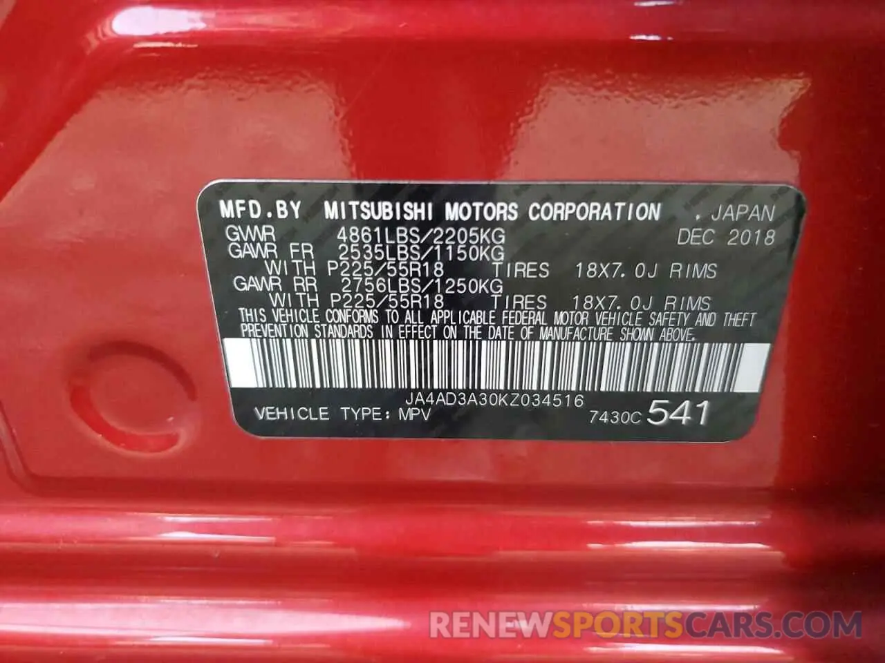 14 Photograph of a damaged car JA4AD3A30KZ034516 MITSUBISHI OUTLANDER 2019