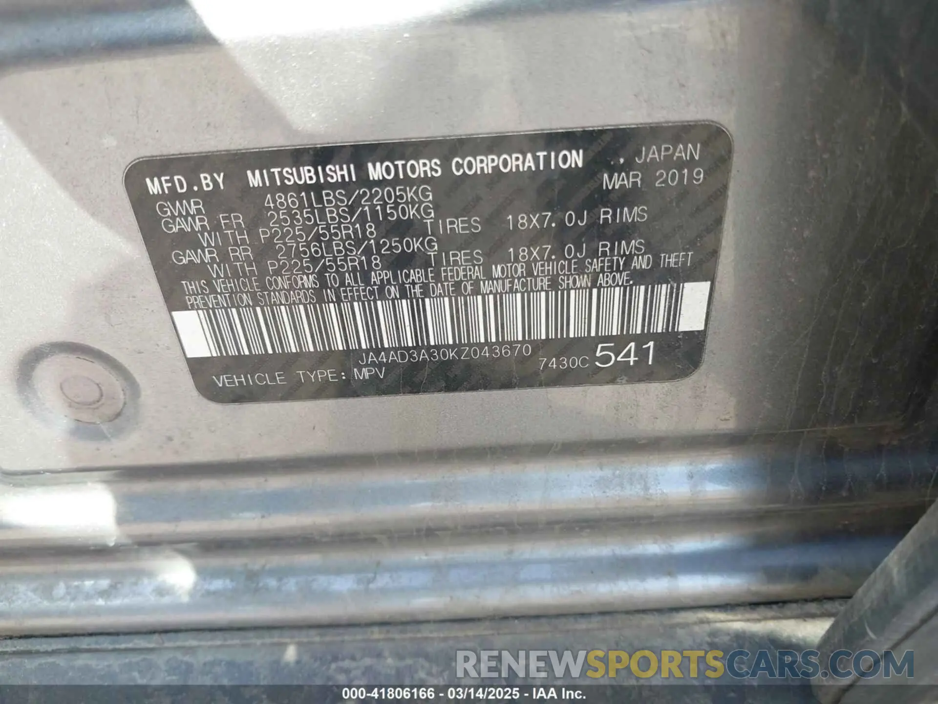 9 Фотография поврежденного автомобиля JA4AD3A30KZ043670 MITSUBISHI OUTLANDER 2019