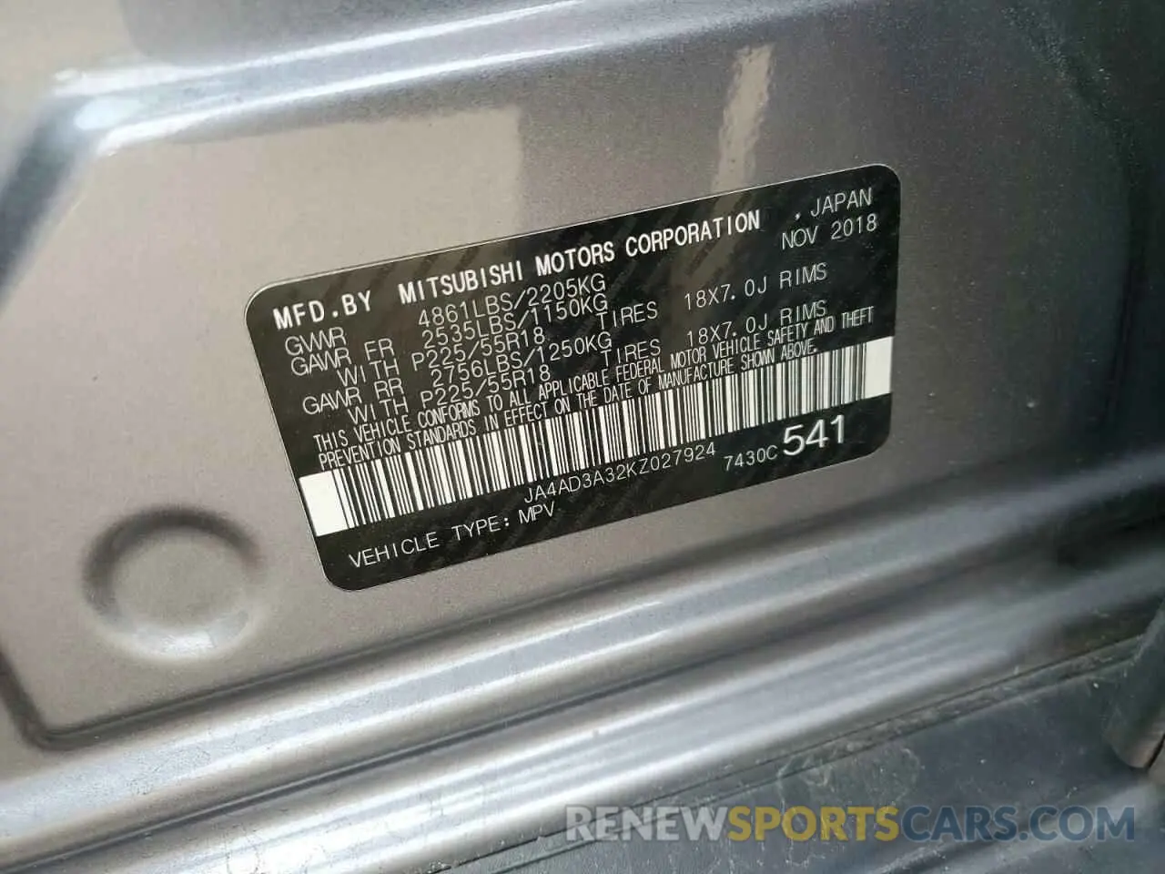 15 Photograph of a damaged car JA4AD3A32KZ027924 MITSUBISHI OUTLANDER 2019