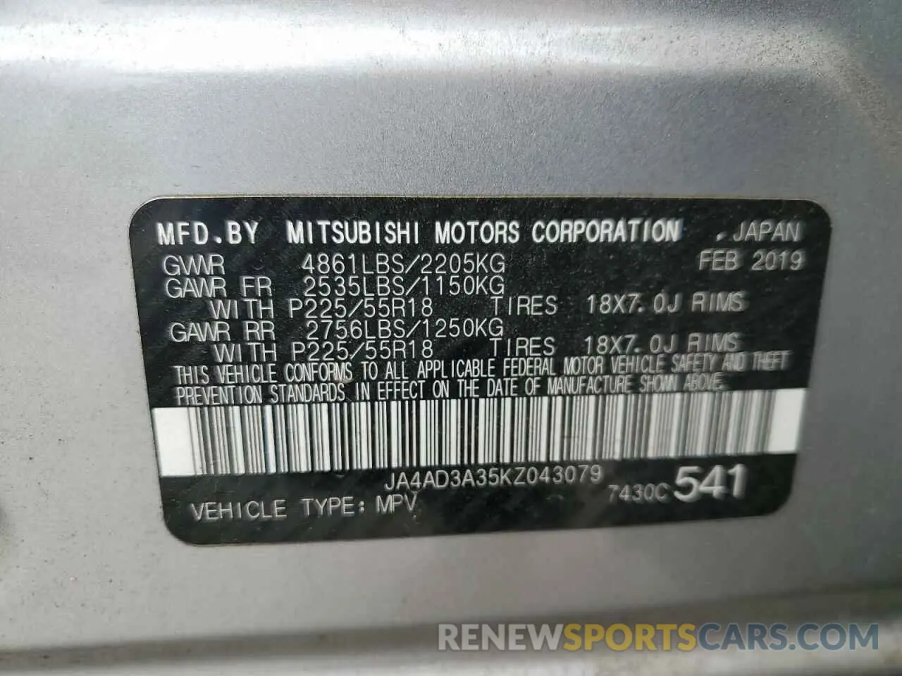 14 Фотография поврежденного автомобиля JA4AD3A35KZ043079 MITSUBISHI OUTLANDER 2019