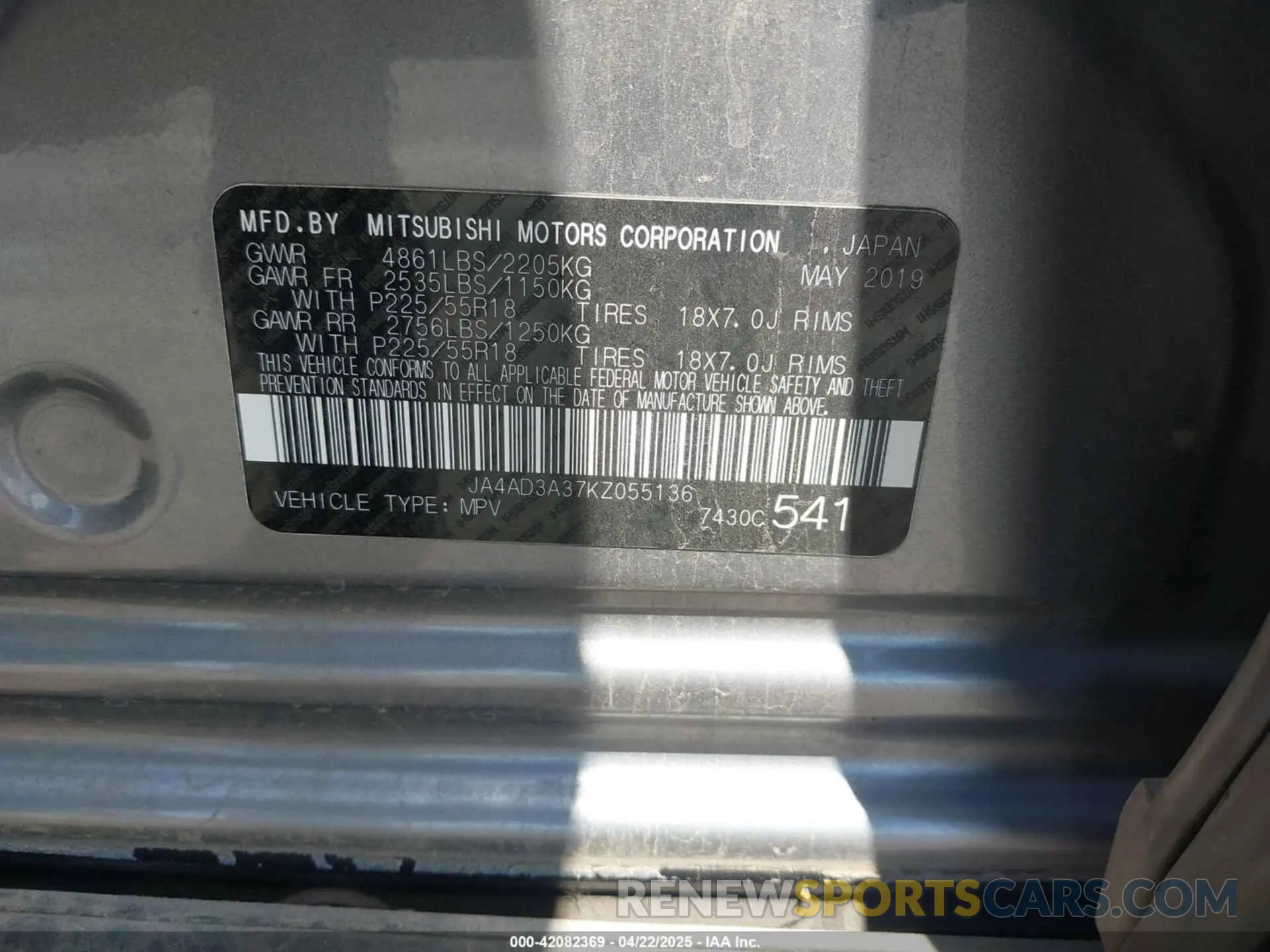 9 Фотография поврежденного автомобиля JA4AD3A37KZ055136 MITSUBISHI OUTLANDER 2019