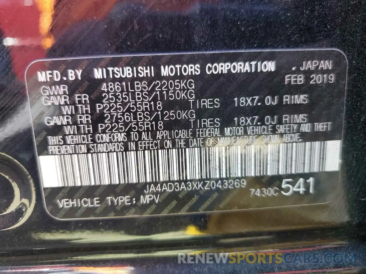 12 Фотография поврежденного автомобиля JA4AD3A3XKZ043269 MITSUBISHI OUTLANDER 2019