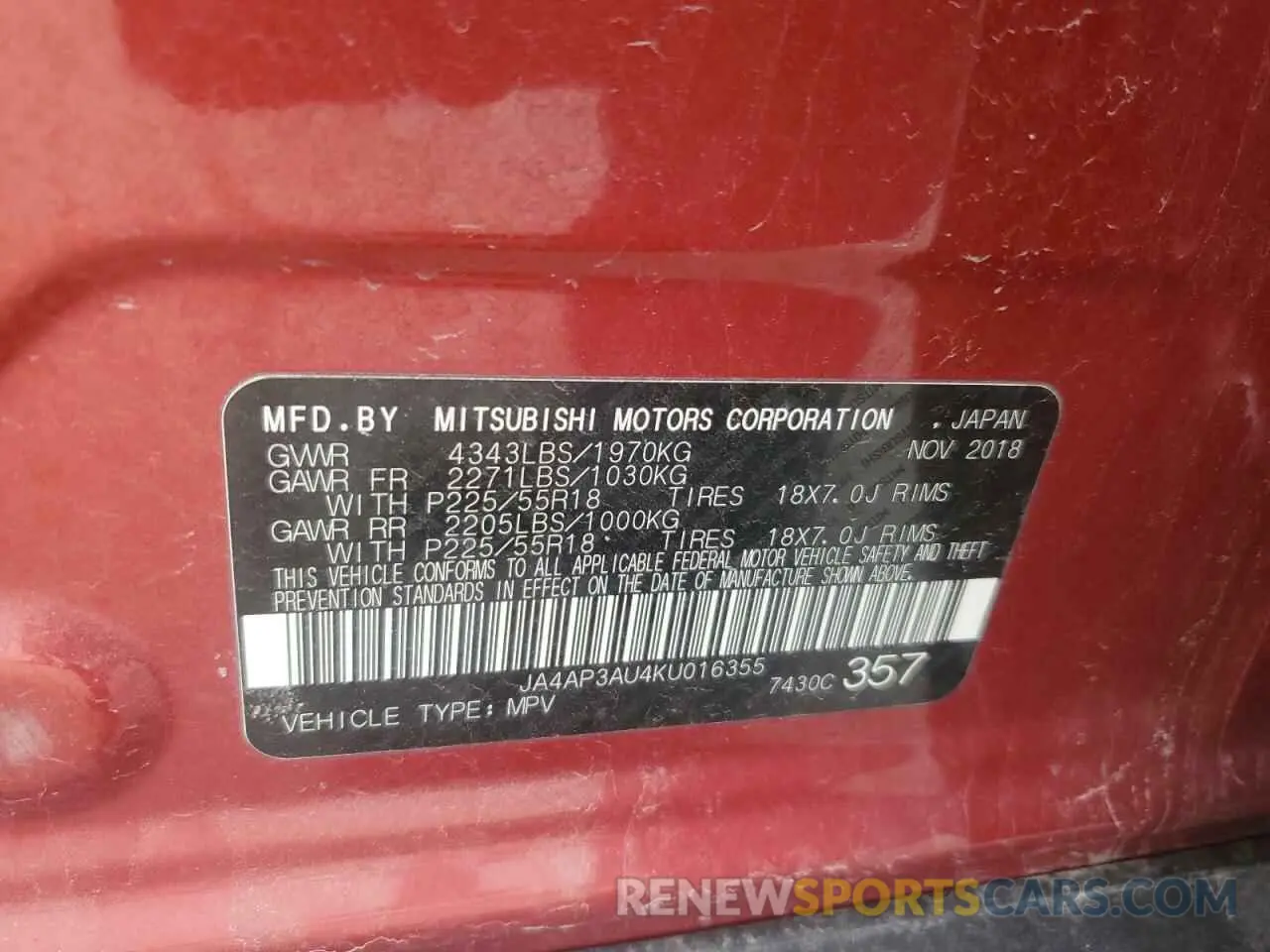12 Фотография поврежденного автомобиля JA4AP3AU4KU016355 MITSUBISHI OUTLANDER 2019