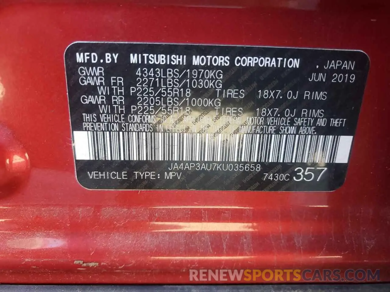 13 Photograph of a damaged car JA4AP3AU7KU035658 MITSUBISHI OUTLANDER 2019