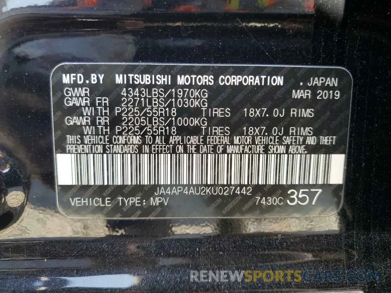 12 Фотография поврежденного автомобиля JA4AP4AU2KU027442 MITSUBISHI OUTLANDER 2019