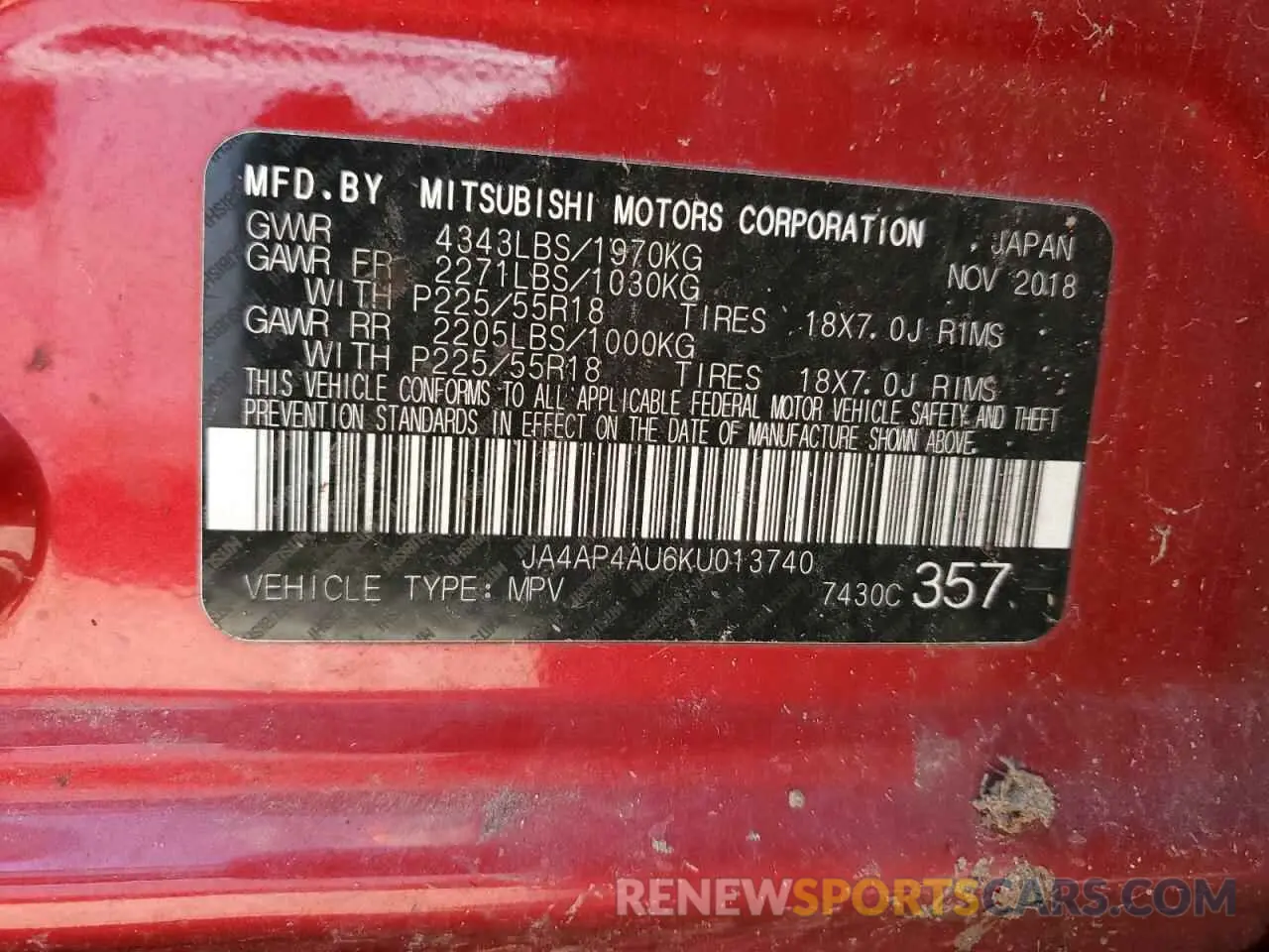 13 Photograph of a damaged car JA4AP4AU6KU013740 MITSUBISHI OUTLANDER 2019