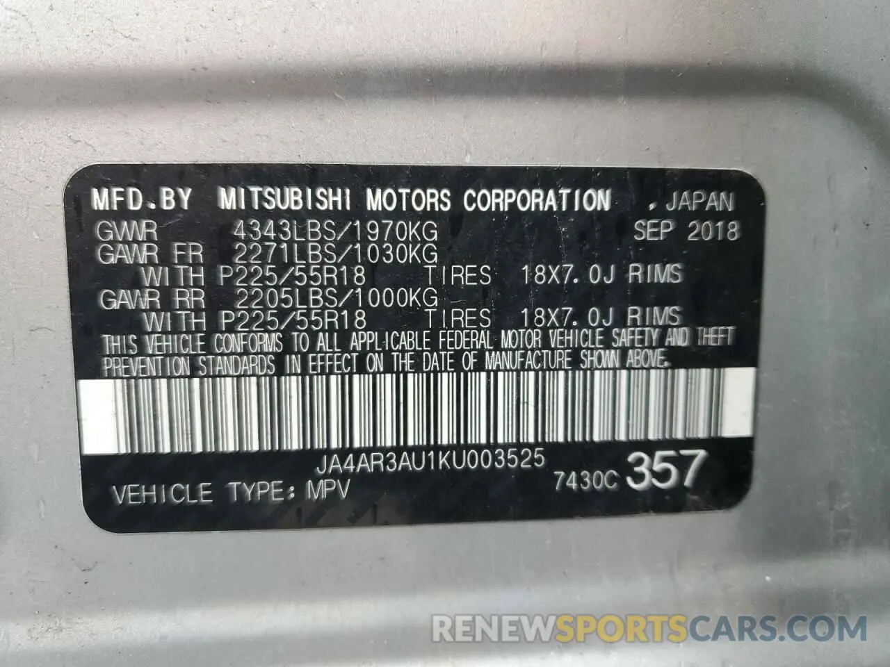 14 Photograph of a damaged car JA4AR3AU1KU003525 MITSUBISHI OUTLANDER 2019