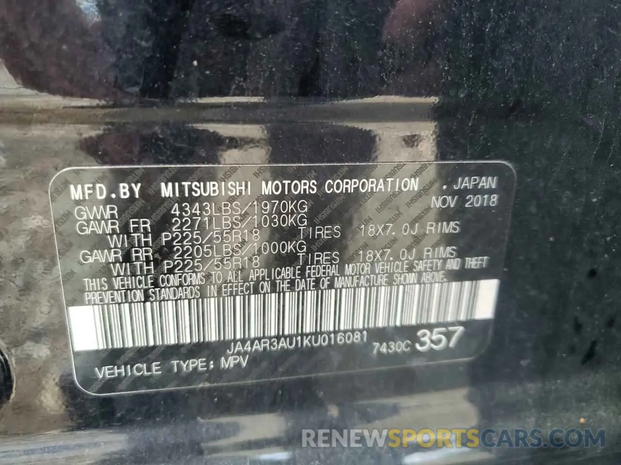 13 Photograph of a damaged car JA4AR3AU1KU016081 MITSUBISHI OUTLANDER 2019
