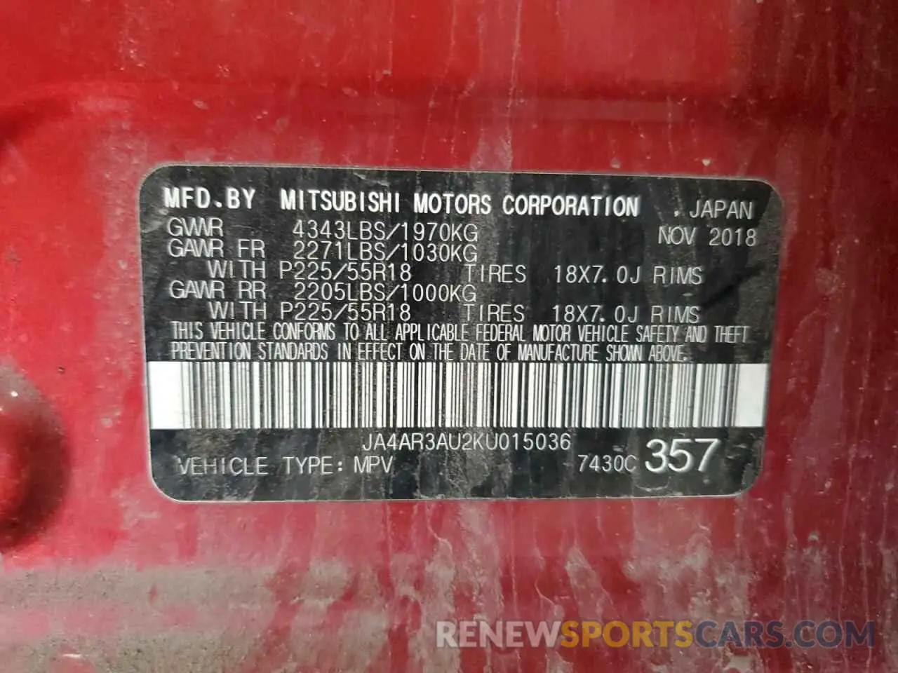 14 Photograph of a damaged car JA4AR3AU2KU015036 MITSUBISHI OUTLANDER 2019