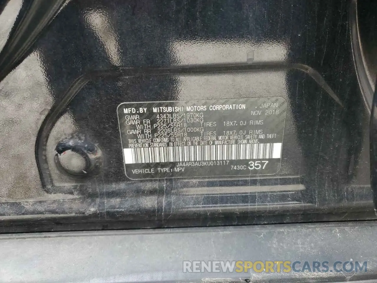 14 Photograph of a damaged car JA4AR3AU3KU013117 MITSUBISHI OUTLANDER 2019