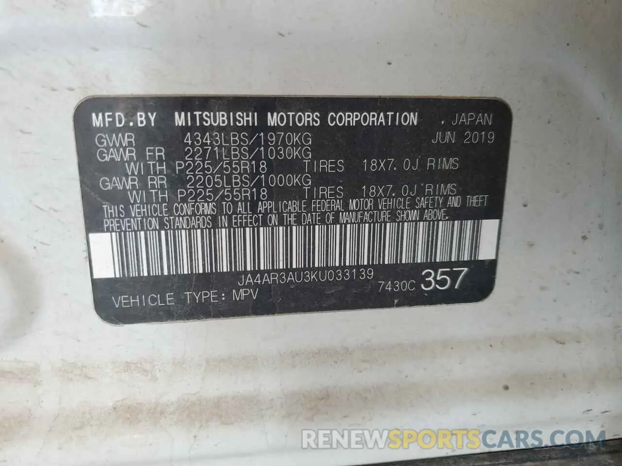 13 Photograph of a damaged car JA4AR3AU3KU033139 MITSUBISHI OUTLANDER 2019