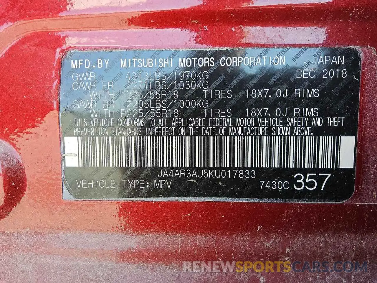 13 Фотография поврежденного автомобиля JA4AR3AU5KU017833 MITSUBISHI OUTLANDER 2019