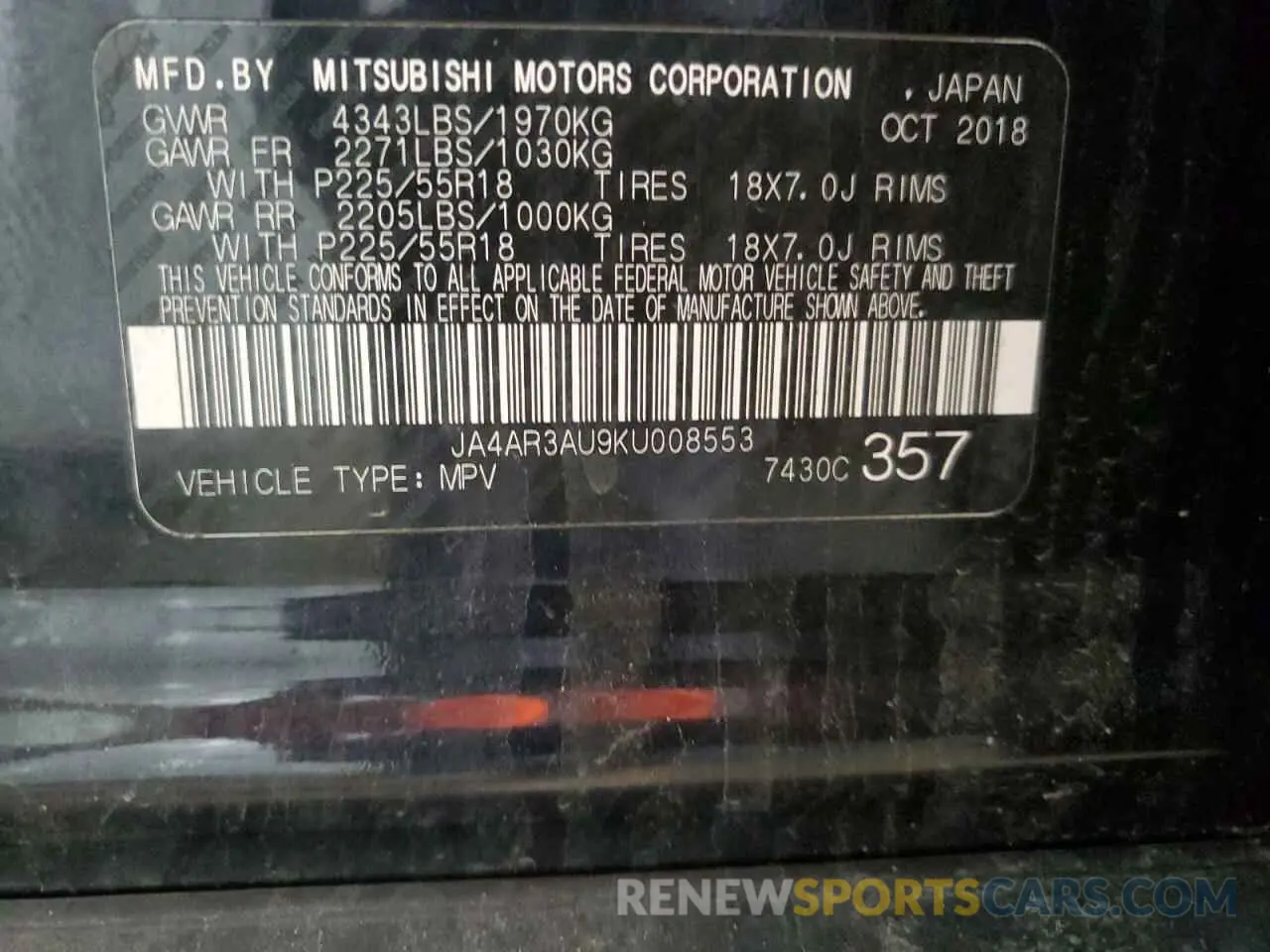 13 Photograph of a damaged car JA4AR3AU9KU008553 MITSUBISHI OUTLANDER 2019