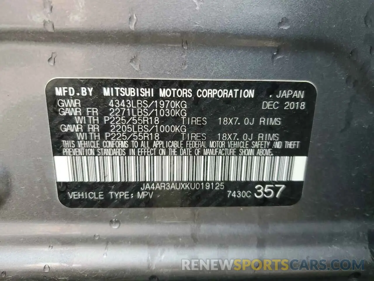 13 Photograph of a damaged car JA4AR3AUXKU019125 MITSUBISHI OUTLANDER 2019