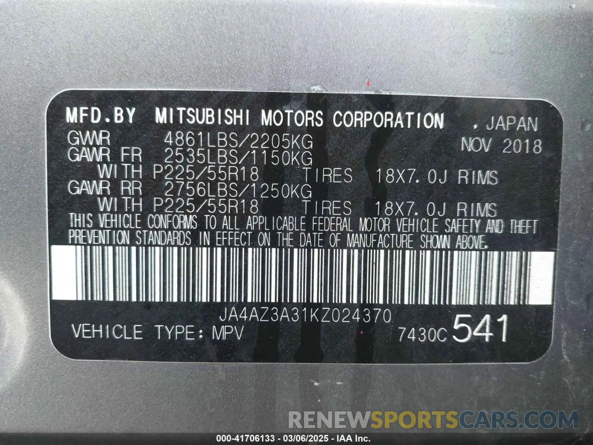 9 Photograph of a damaged car JA4AZ3A31KZ024370 MITSUBISHI OUTLANDER 2019