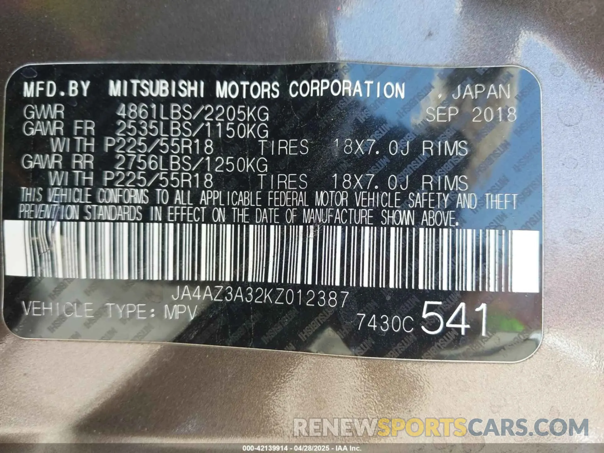 9 Фотография поврежденного автомобиля JA4AZ3A32KZ012387 MITSUBISHI OUTLANDER 2019