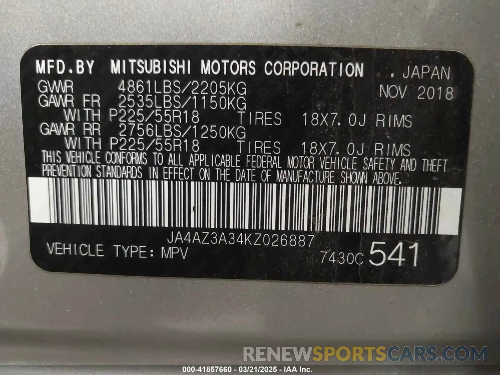 9 Фотография поврежденного автомобиля JA4AZ3A34KZ026887 MITSUBISHI OUTLANDER 2019