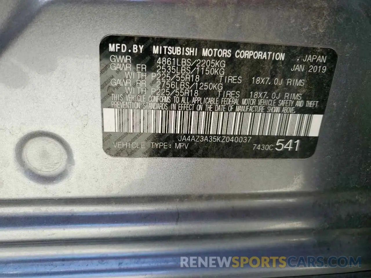 13 Фотография поврежденного автомобиля JA4AZ3A35KZ040037 MITSUBISHI OUTLANDER 2019