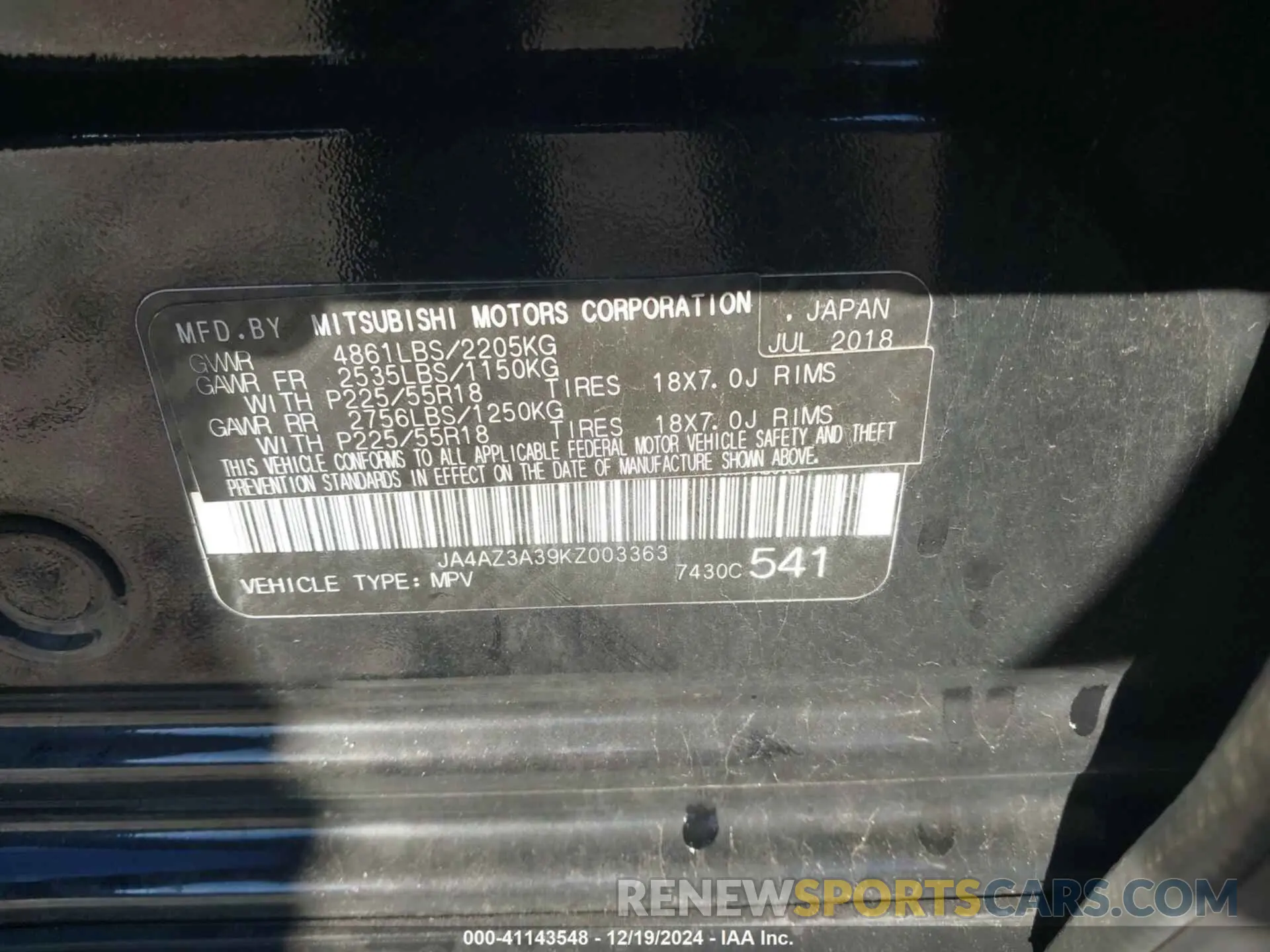 9 Photograph of a damaged car JA4AZ3A39KZ003363 MITSUBISHI OUTLANDER 2019