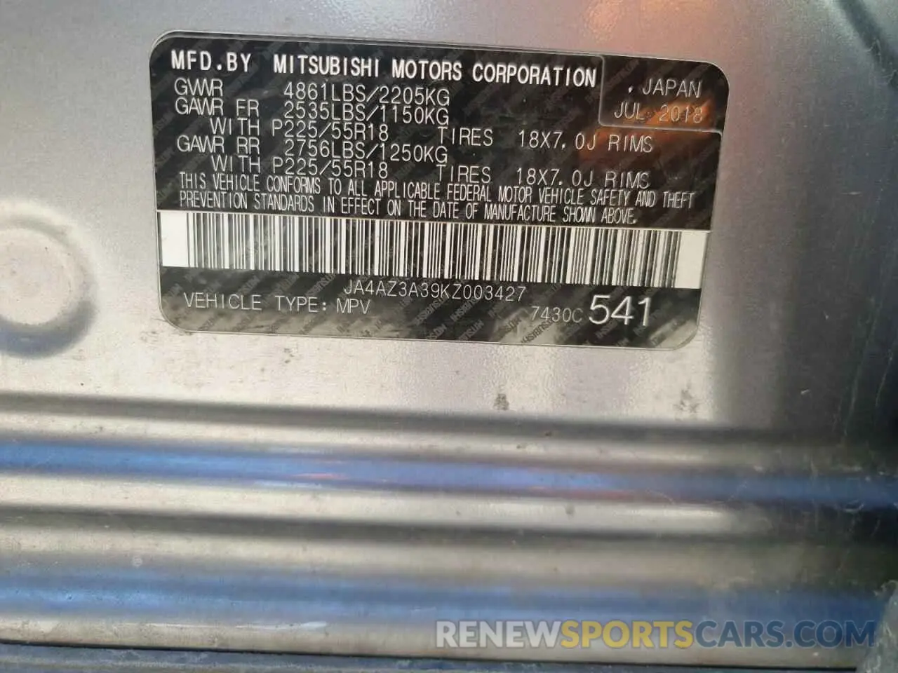 13 Фотография поврежденного автомобиля JA4AZ3A39KZ003427 MITSUBISHI OUTLANDER 2019