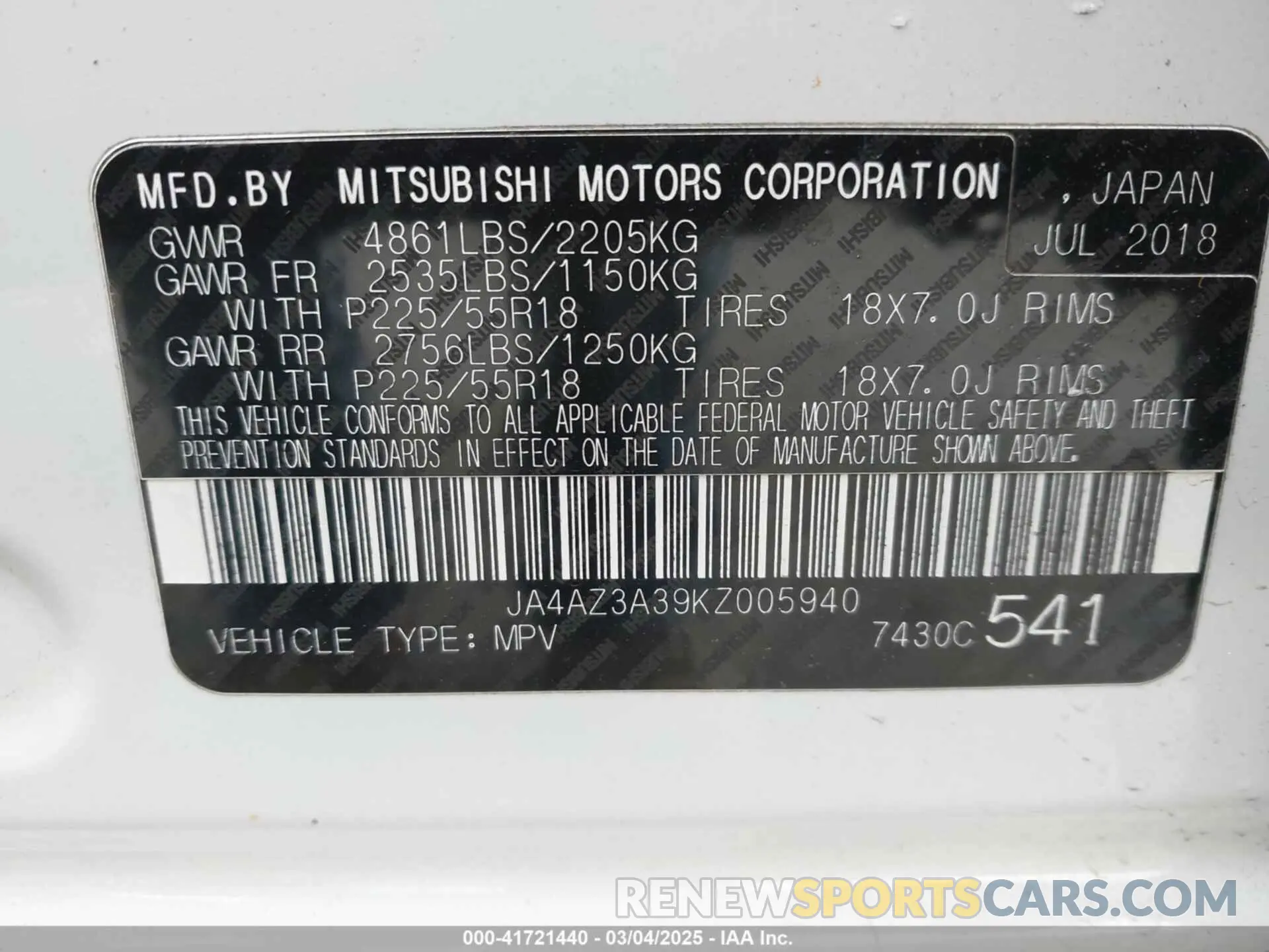 9 Photograph of a damaged car JA4AZ3A39KZ005940 MITSUBISHI OUTLANDER 2019