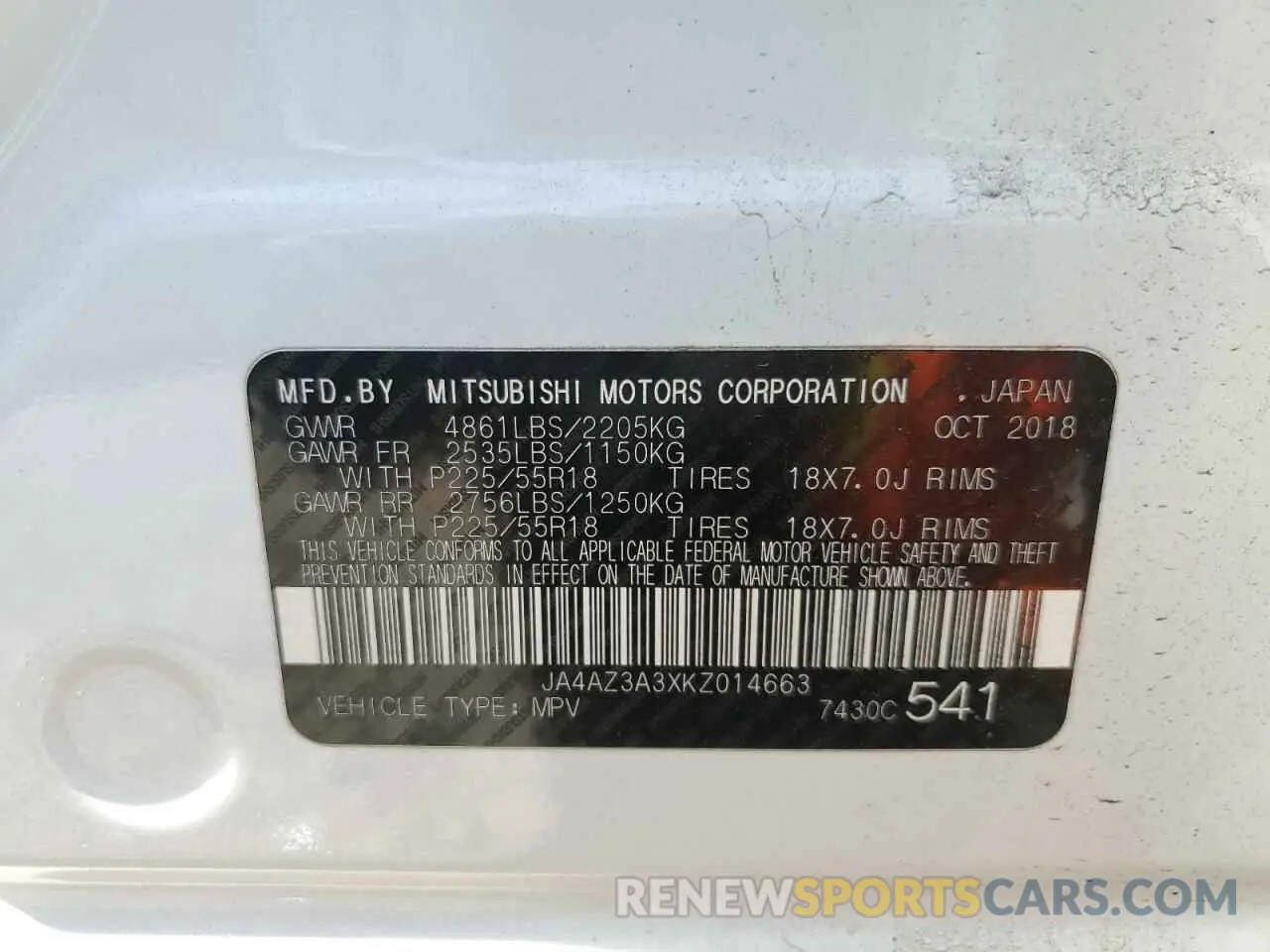 14 Photograph of a damaged car JA4AZ3A3XKZ014663 MITSUBISHI OUTLANDER 2019