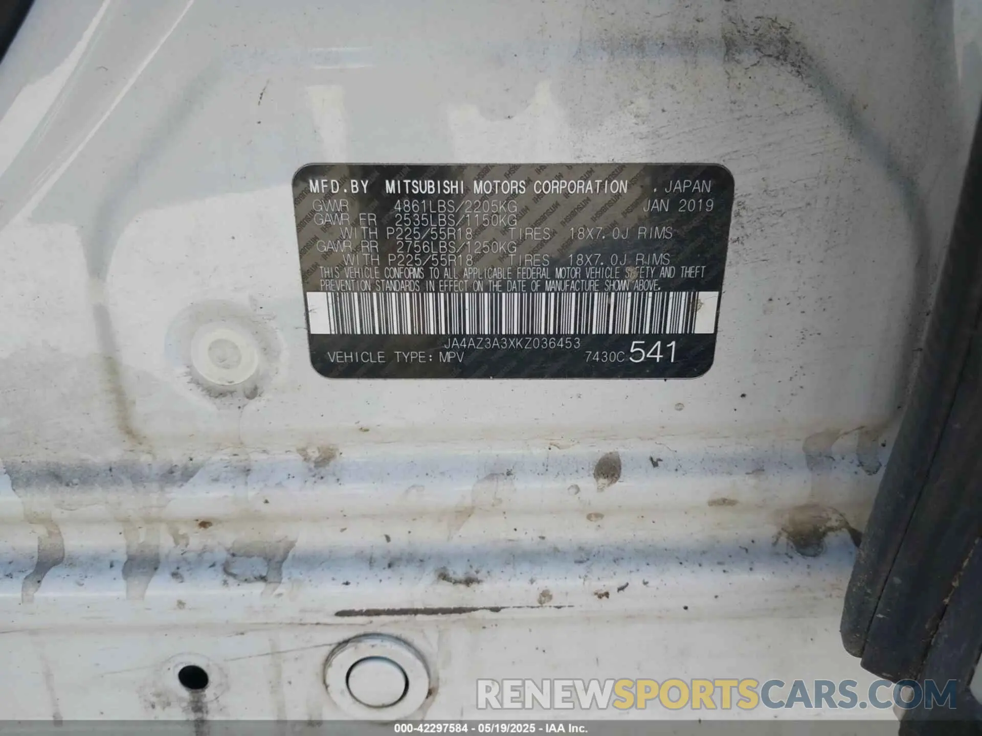 9 Photograph of a damaged car JA4AZ3A3XKZ036453 MITSUBISHI OUTLANDER 2019