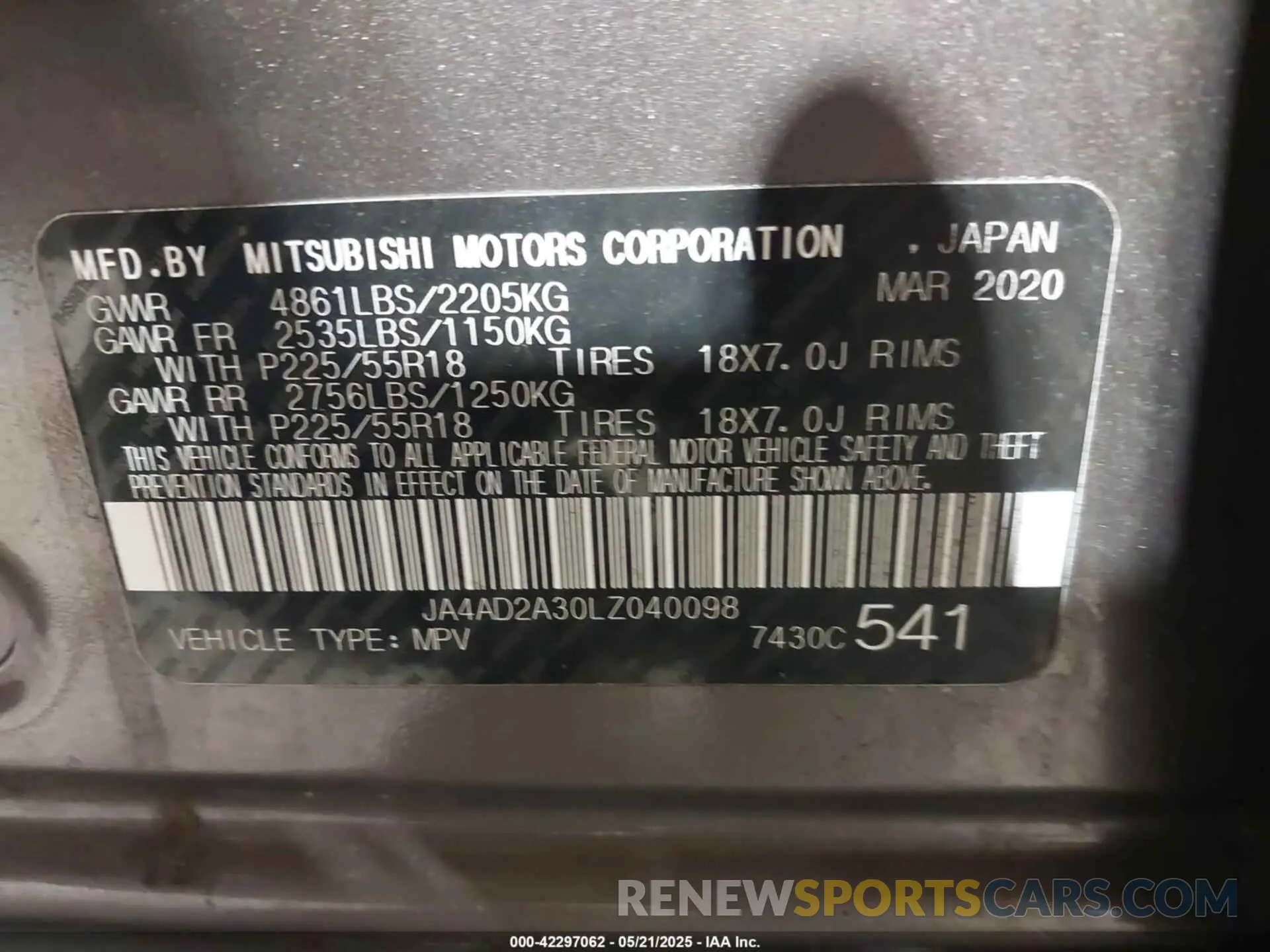 9 Фотография поврежденного автомобиля JA4AD2A30LZ040098 MITSUBISHI OUTLANDER 2020