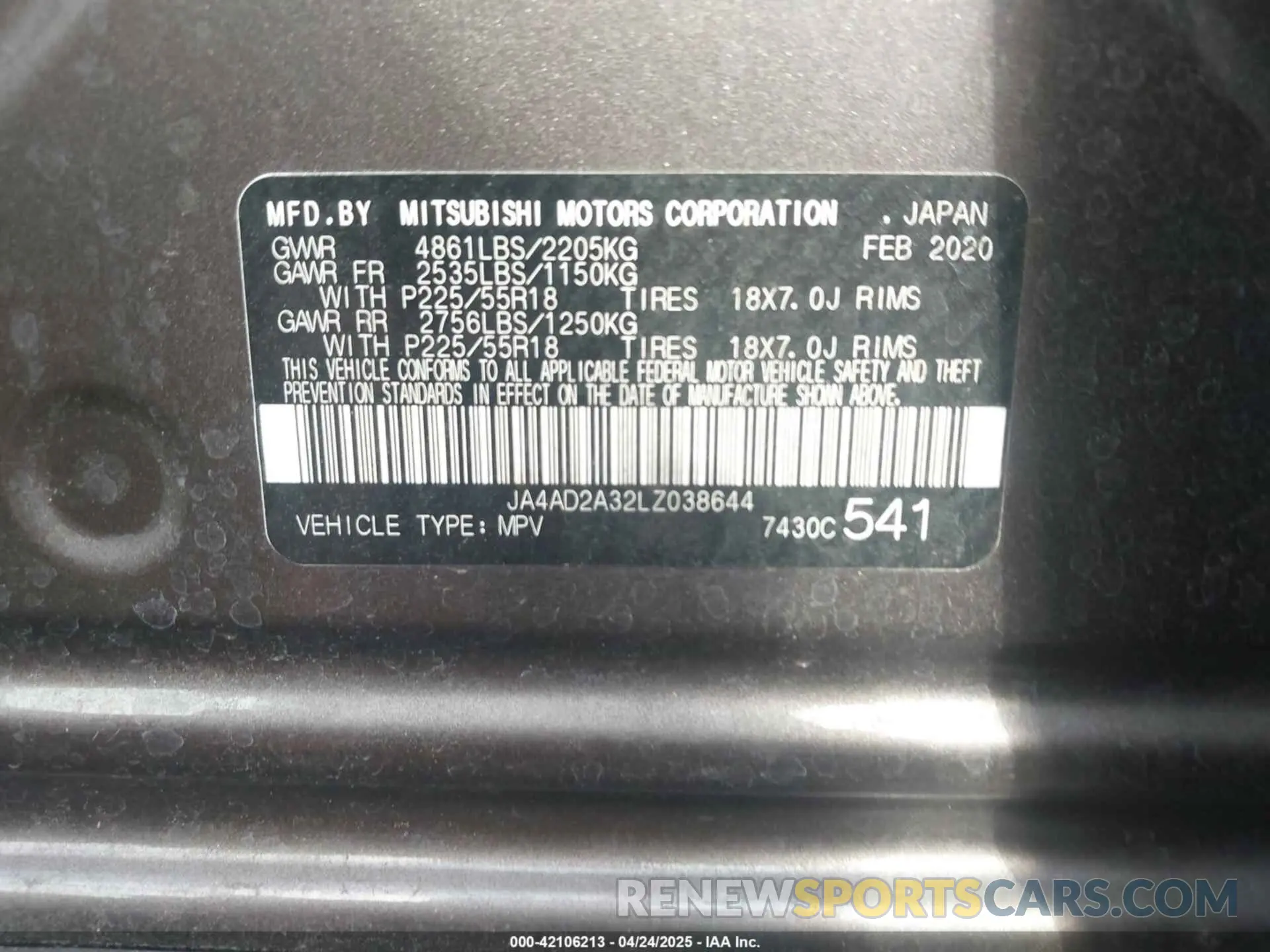 9 Фотография поврежденного автомобиля JA4AD2A32LZ038644 MITSUBISHI OUTLANDER 2020