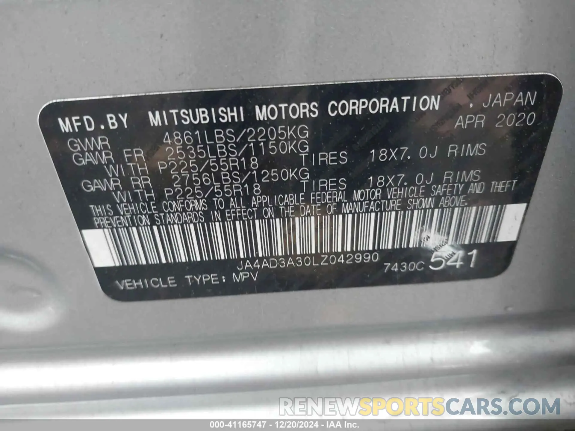 9 Photograph of a damaged car JA4AD3A30LZ042990 MITSUBISHI OUTLANDER 2020