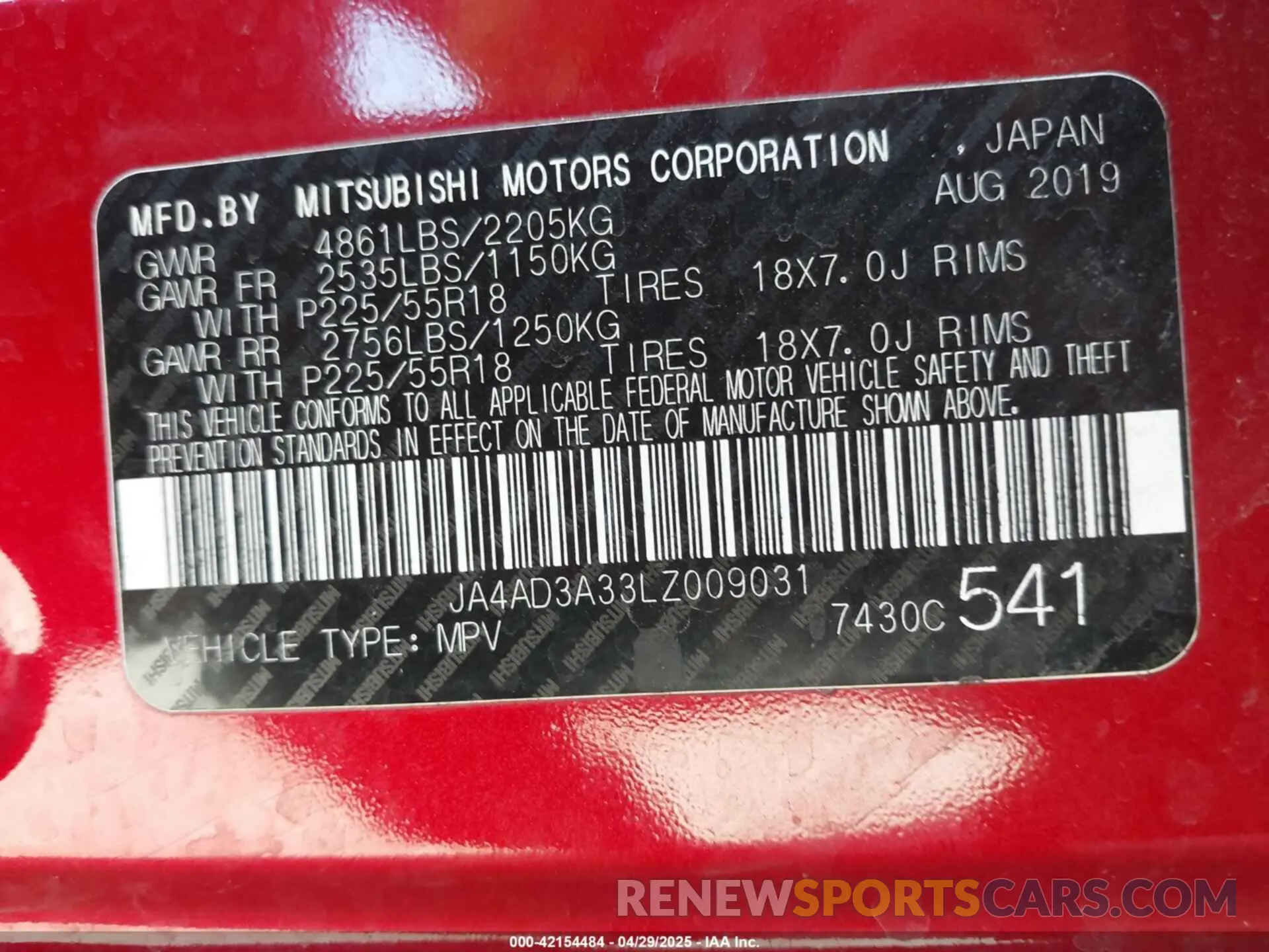 9 Photograph of a damaged car JA4AD3A33LZ009031 MITSUBISHI OUTLANDER 2020