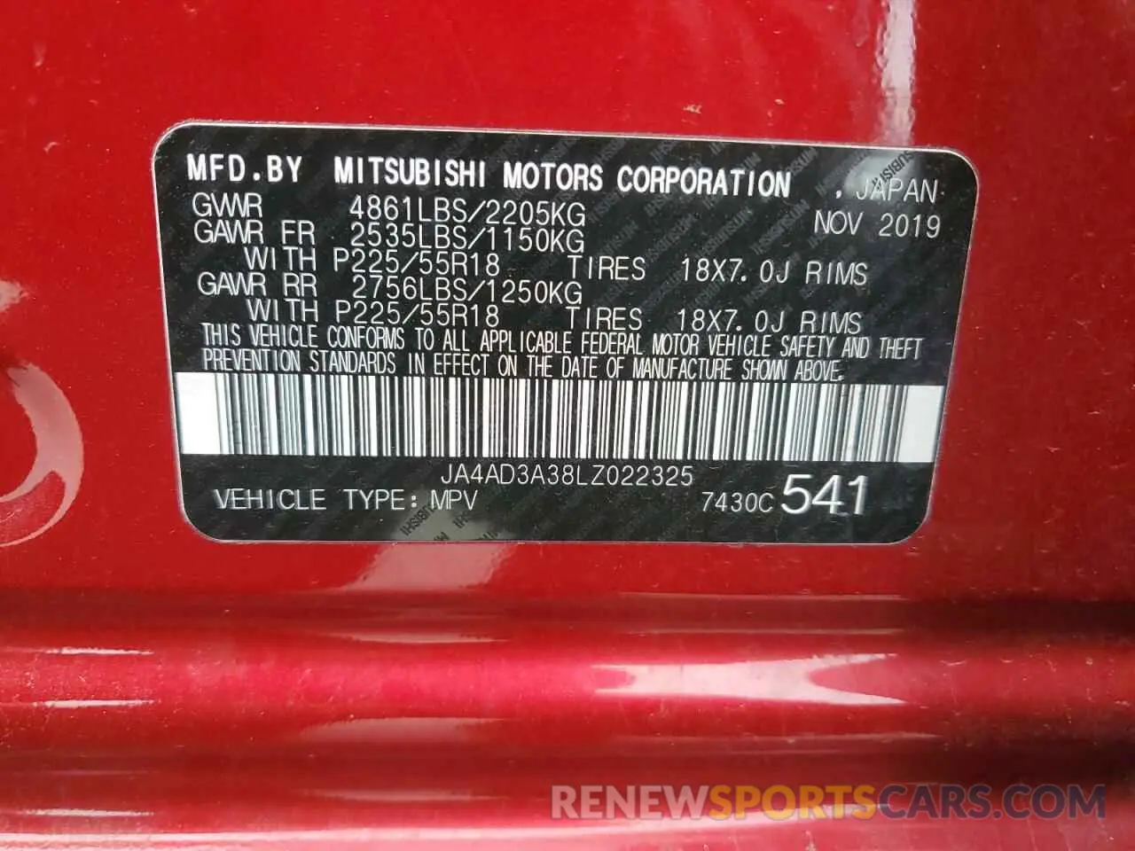 13 Photograph of a damaged car JA4AD3A38LZ022325 MITSUBISHI OUTLANDER 2020