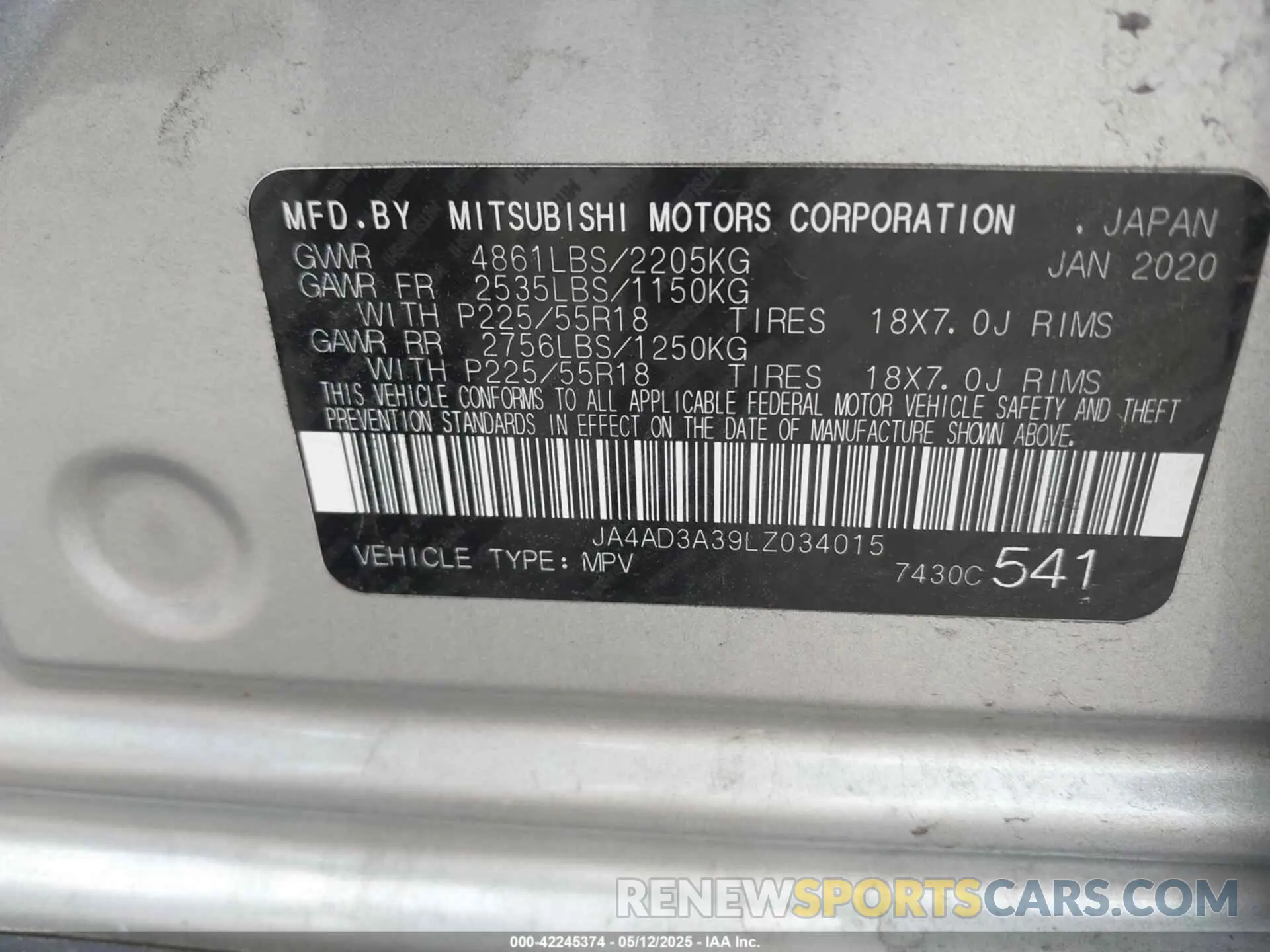 9 Photograph of a damaged car JA4AD3A39LZ034015 MITSUBISHI OUTLANDER 2020