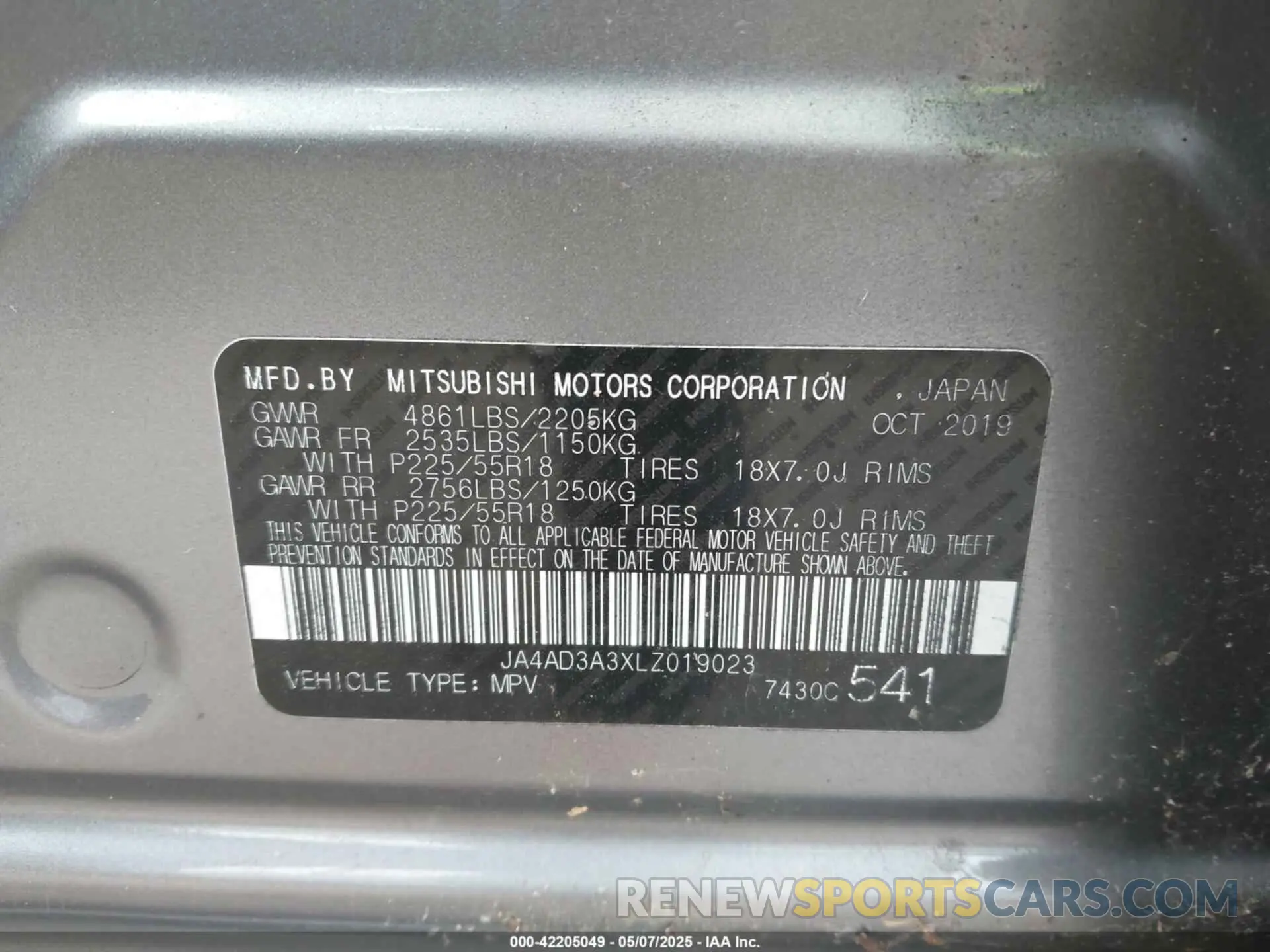 9 Фотография поврежденного автомобиля JA4AD3A3XLZ019023 MITSUBISHI OUTLANDER 2020
