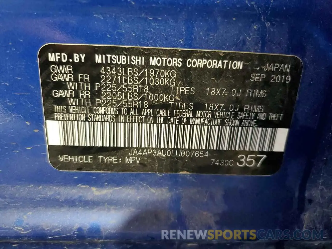 13 Фотография поврежденного автомобиля JA4AP3AU0LU007654 MITSUBISHI OUTLANDER 2020