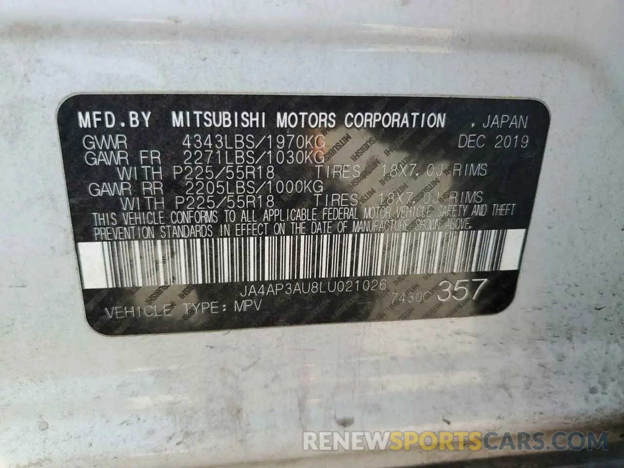 13 Photograph of a damaged car JA4AP3AU8LU021026 MITSUBISHI OUTLANDER 2020