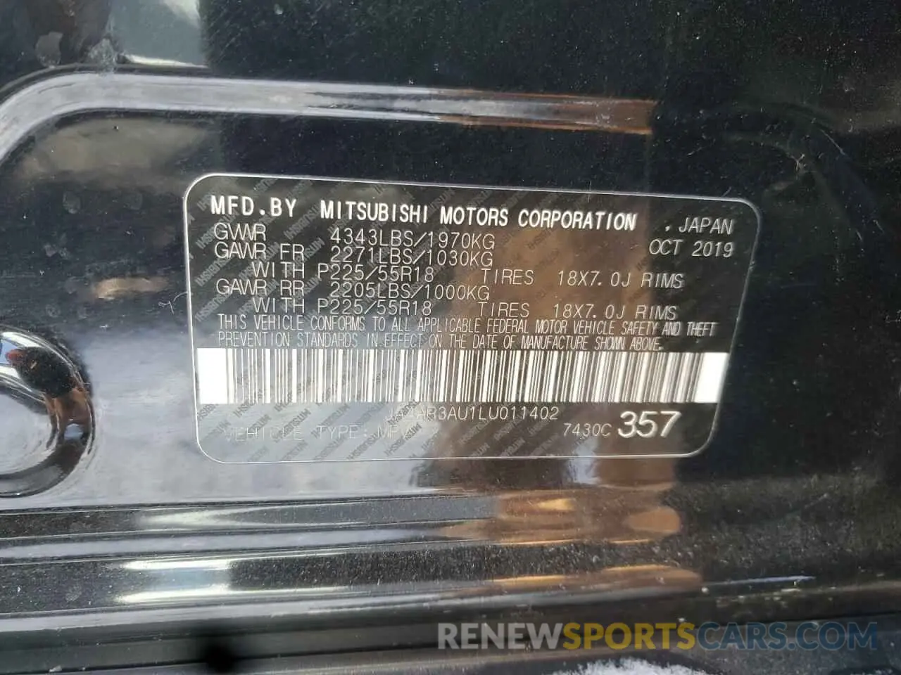 12 Фотография поврежденного автомобиля JA4AR3AU1LU011402 MITSUBISHI OUTLANDER 2020