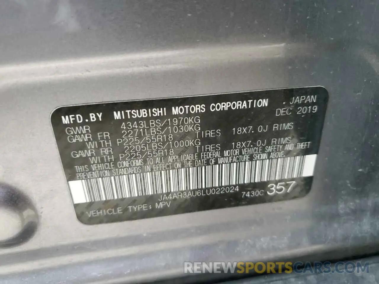 12 Фотография поврежденного автомобиля JA4AR3AU6LU022024 MITSUBISHI OUTLANDER 2020