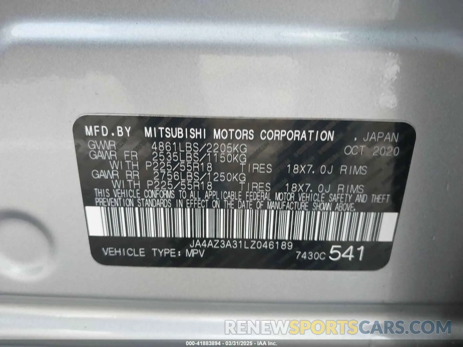 9 Photograph of a damaged car JA4AZ3A31LZ046189 MITSUBISHI OUTLANDER 2020