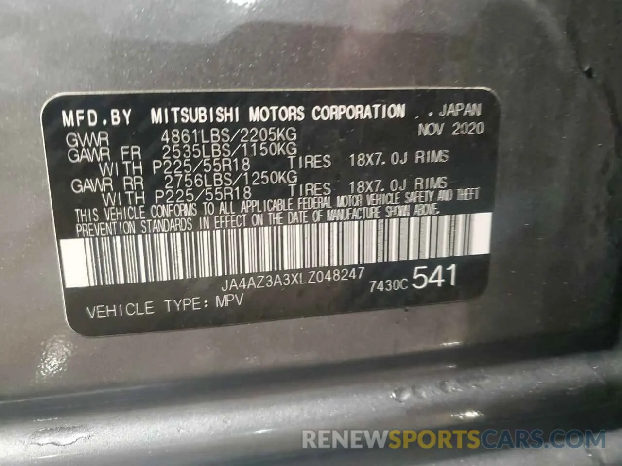 13 Photograph of a damaged car JA4AZ3A3XLZ048247 MITSUBISHI OUTLANDER 2020