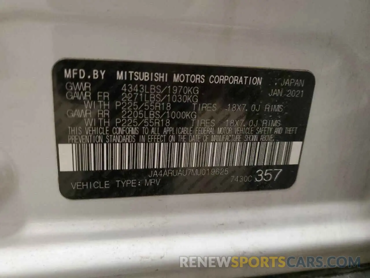 13 Photograph of a damaged car JA4ARUAU7MU019625 MITSUBISHI OUTLANDER 2021